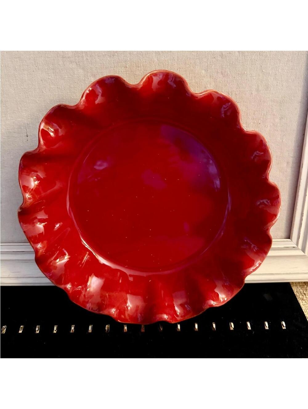 Emile Henry French Ceramic Burgundy ruffled edge pie dish 10.75”
